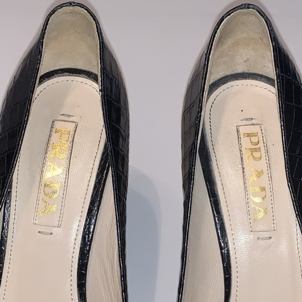 Vtg Prada Sz 36.5 Black Crocodile Embossed Leather Peep Toe Platform Pumps Heels - Picture 6 of 16
